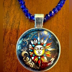 Celestial Colorful Moon, Sun Cabochon Pendant on Blue Crystal Artisan Necklace